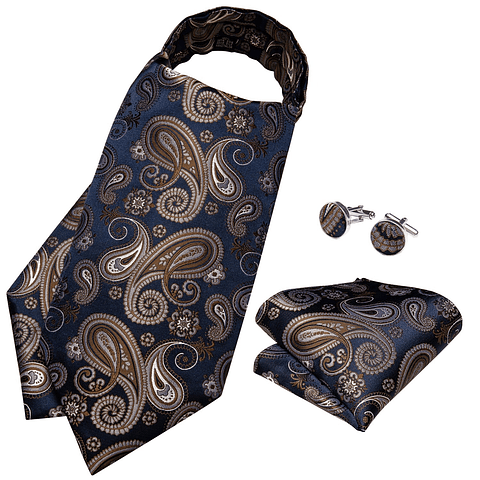 Set Pañuelo Corbata tipo Ascot/Cravat + paño y colleras. Azul Café