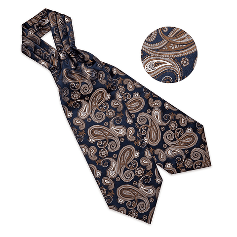 Set Corbata Gruesa Ascot/Cravat + paño y colleras. Azul Café