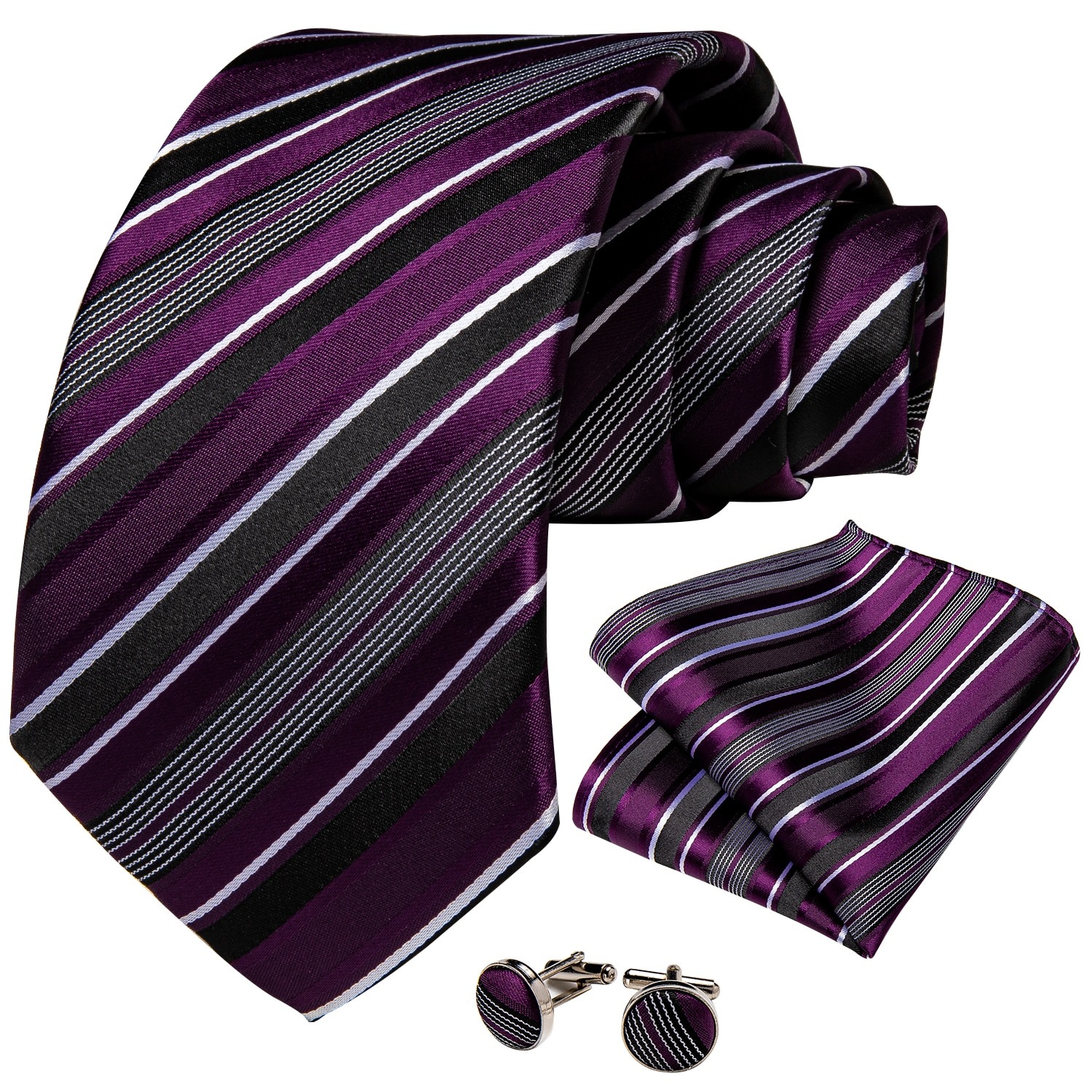 Set Corbata, paño y colleras. Modelo Morado Rayas