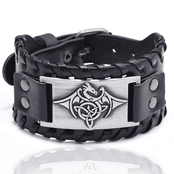 Pulsera de Cuero negro ajustable con hebilla. Dragon Heart