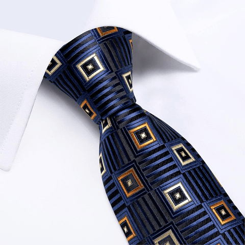 Set Corbata, paño y colleras. Modelo Azul y Negro. Cuadros y Barras