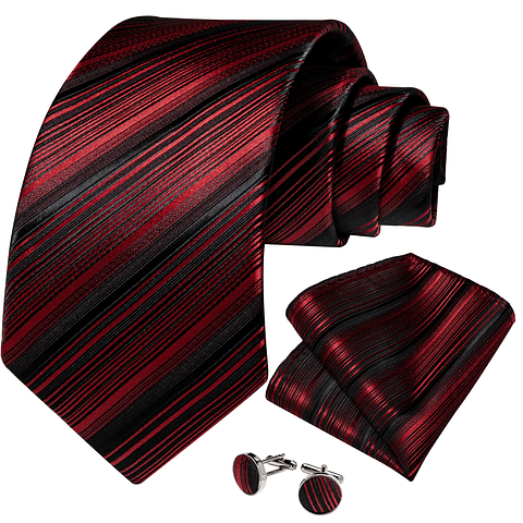 Set Corbata, paño y colleras. Modelo Rojo Negro