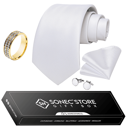 Set de Corbata Hombre, Anillo Dorado, Paño y Colleras. Modelo a elección