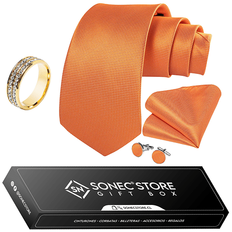 Set de Corbata Hombre, Anillo Dorado, Paño y Colleras. Modelo a elección