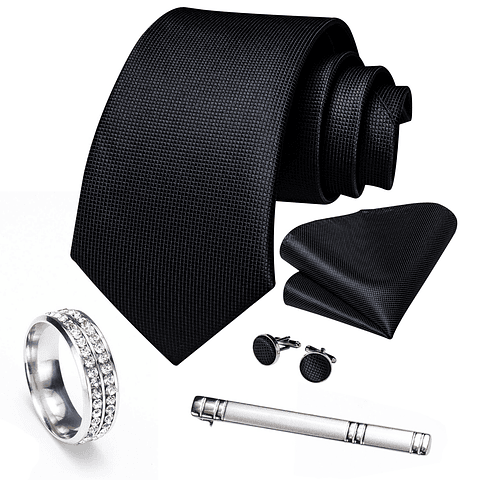 Set de Corbata Formal Hombre con Clip sujetador, Anillo plateado, paño y colleras