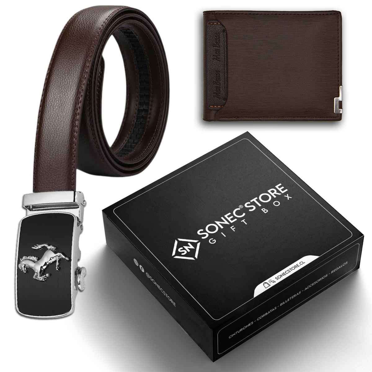 Pack Cinturon Café Billetera en Caja Regalo