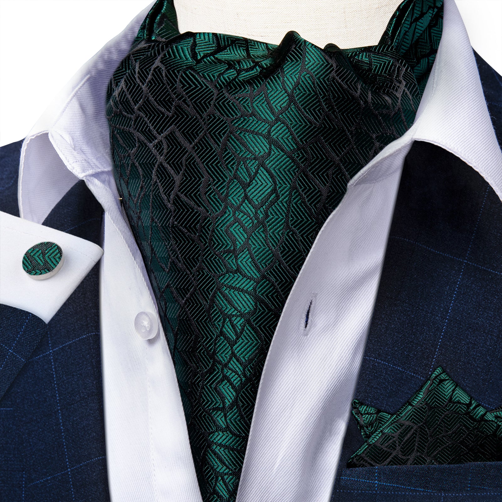 Set Corbata Gruesa Ascot/Cravat + paño y colleras. Verde Oscuro Grietas