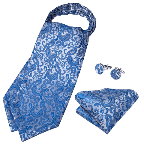 Set Corbata Gruesa Ascot/Cravat + paño y colleras. Celeste Manantial
