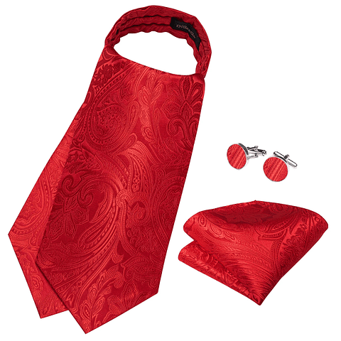 Set Corbata Gruesa Ascot/Cravat + paño y colleras. Rojo Flores