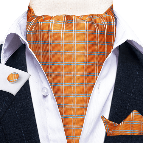 Set Corbata Gruesa Ascot/Cravat + paño y colleras. Naranjo Escocés