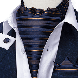 Set Corbata Gruesa Ascot/Cravat + paño y colleras. Mar Dorado