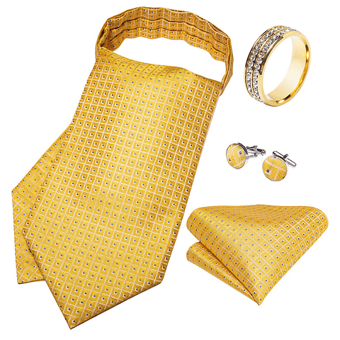 Set Corbata Ascot, Anillo Dorado Diamantes, Paño y Colleras. Modelo a elección