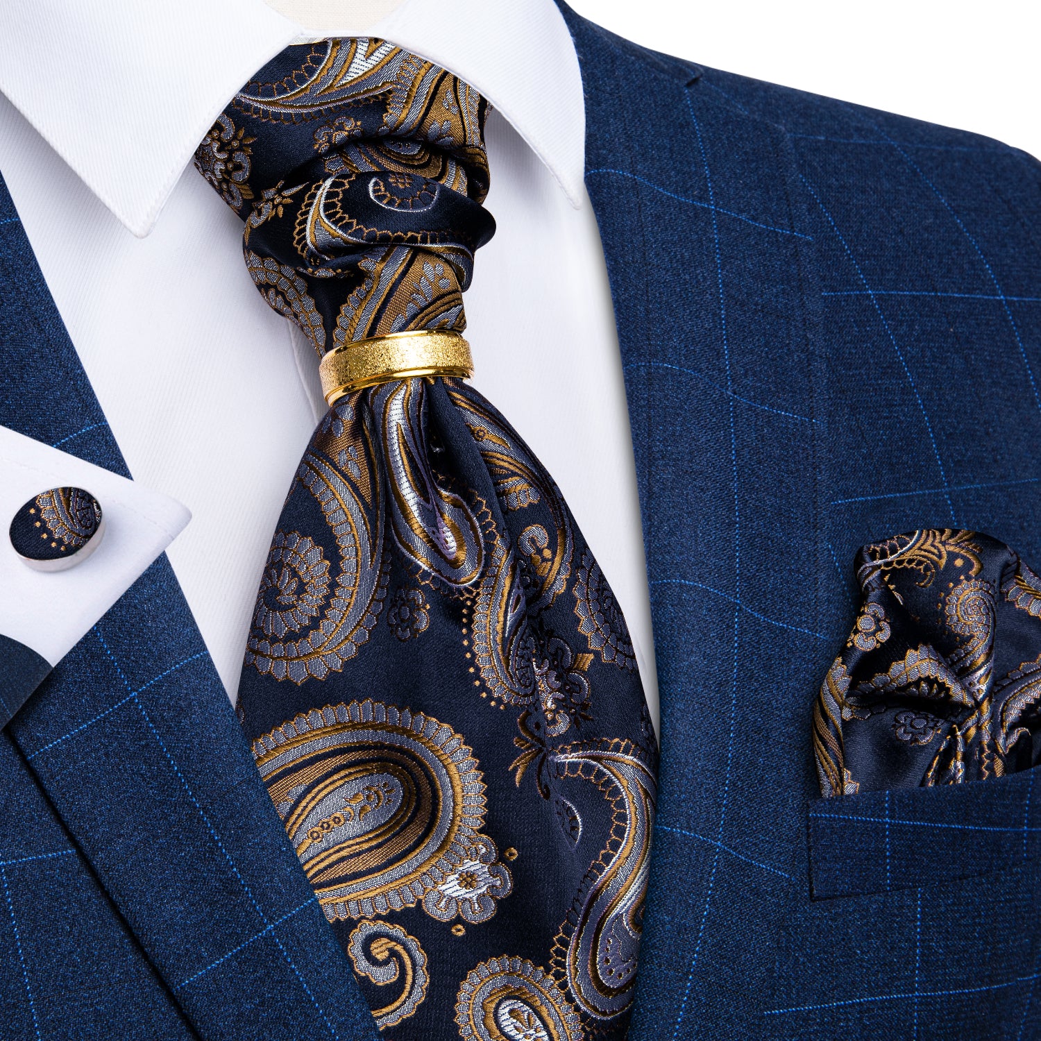 Set Corbata Ascot, Anillo Dorado, Paño y Colleras. Modelo a elección