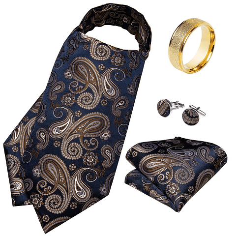 Set Corbata Ascot, Anillo Dorado, Paño y Colleras. Modelo a elección