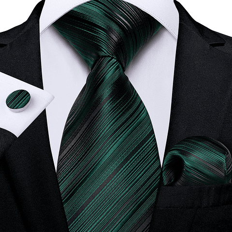 Set Corbata, paño y colleras. Modelo Verde Oscuro Rayas