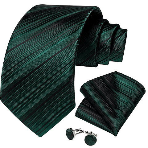 Set Corbata, paño y colleras. Modelo Verde Oscuro Rayas