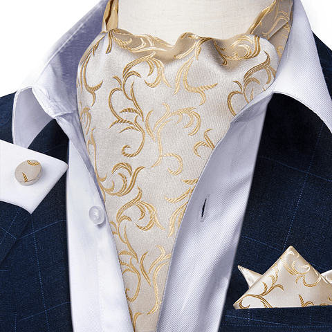 Set Corbata Gruesa Ascot/Cravat + paño y colleras. White Golden