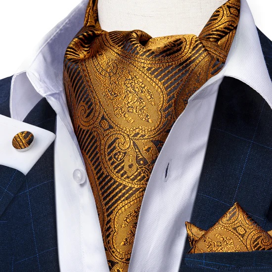 Set Corbata Gruesa Ascot/Cravat + paño y colleras. Café Claro Flores