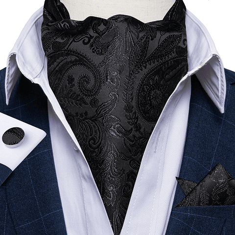 Set Corbata Gruesa Ascot/Cravat + paño y colleras. Negro Flores