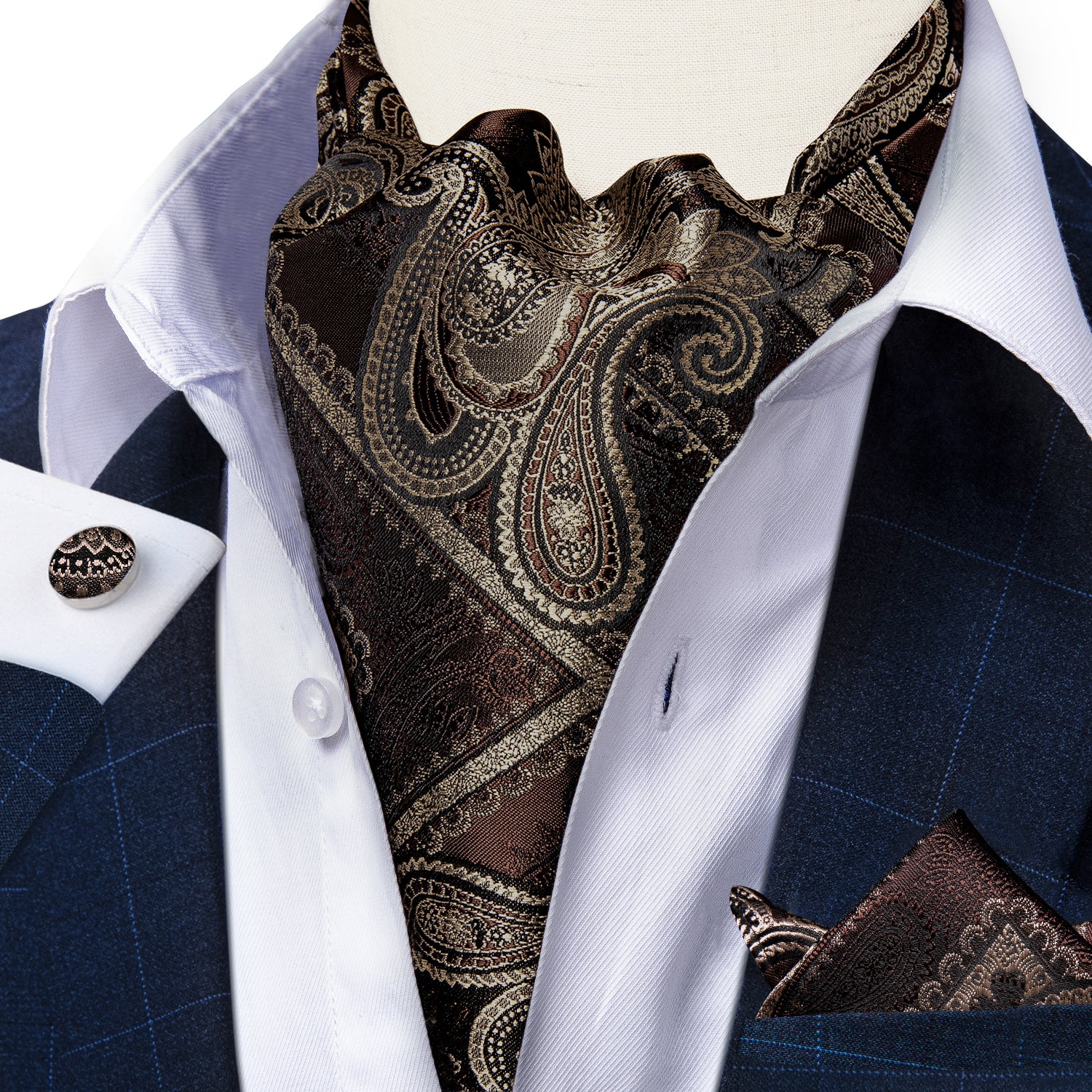 Set Corbata Gruesa Ascot/Cravat + paño y colleras. Café Oscuro