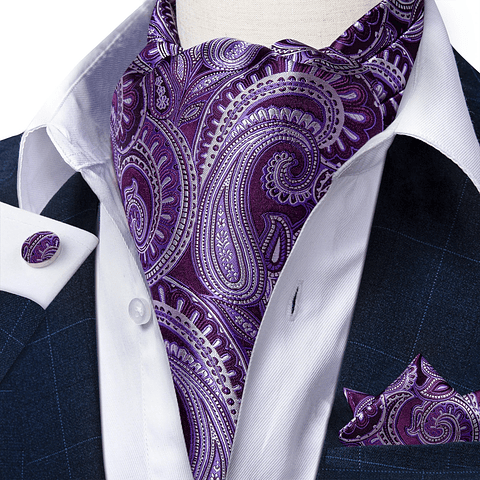 Set Corbata Gruesa Ascot/Cravat + paño y colleras. Morado Flores
