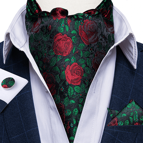 Set Corbata Gruesa Ascot/Cravat + paño y colleras. Floreado Rosas Rojas