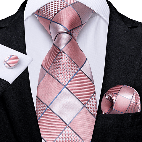 Set Corbata, paño y colleras. Modelo Cuadros Rosa y Plateado