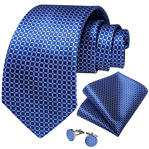 Set Corbata, paño y colleras. Modelo Celeste Oscuro Cuadros