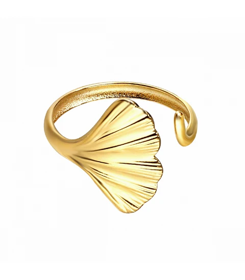 Anillo Ginkgo Biloba de acero bañado en oro.