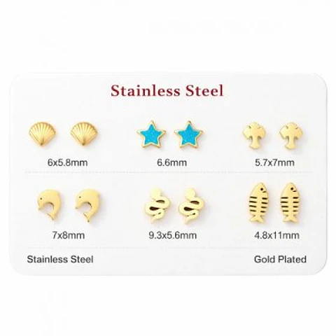 Pack de 6 pendientes de acero bañado en oro