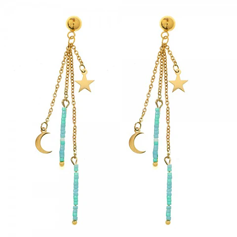 Pendientes largos de acero dorado con turquesa