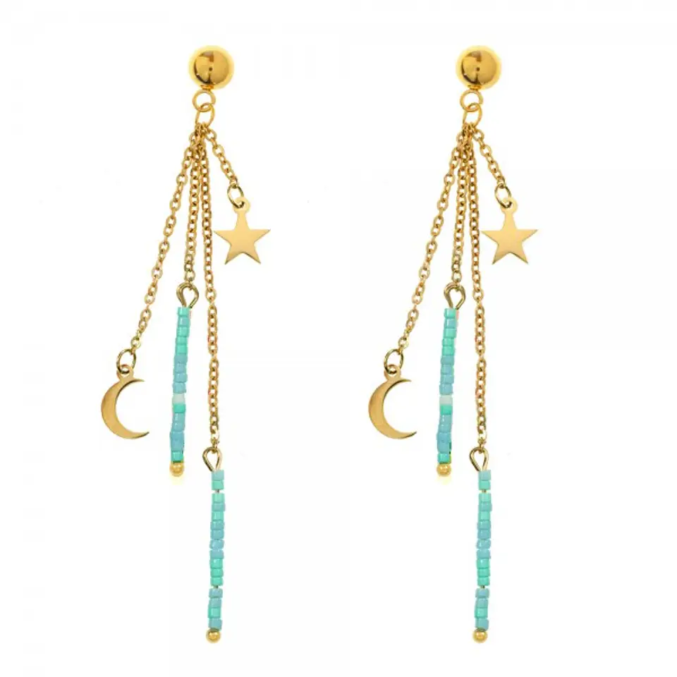Pendientes largos de acero dorado con turquesa 1