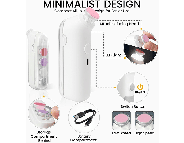 Lima Cortauñas Eléctrico Para Bebé Recargable 5 Cabezales