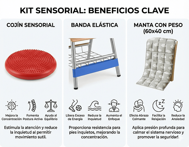 Manta De Peso + Cojín + Banda Elástica Kit Escolar Sensorial Kit Escolar Gris