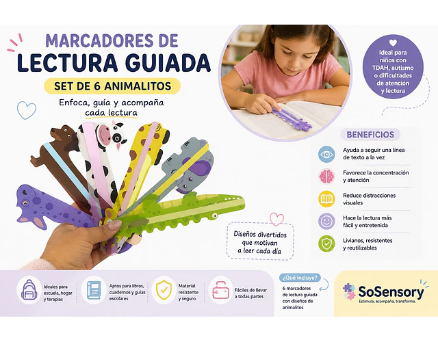 Set 6 Marcadores Lectura Guiada Infantil Ayuda Visual Tdah
