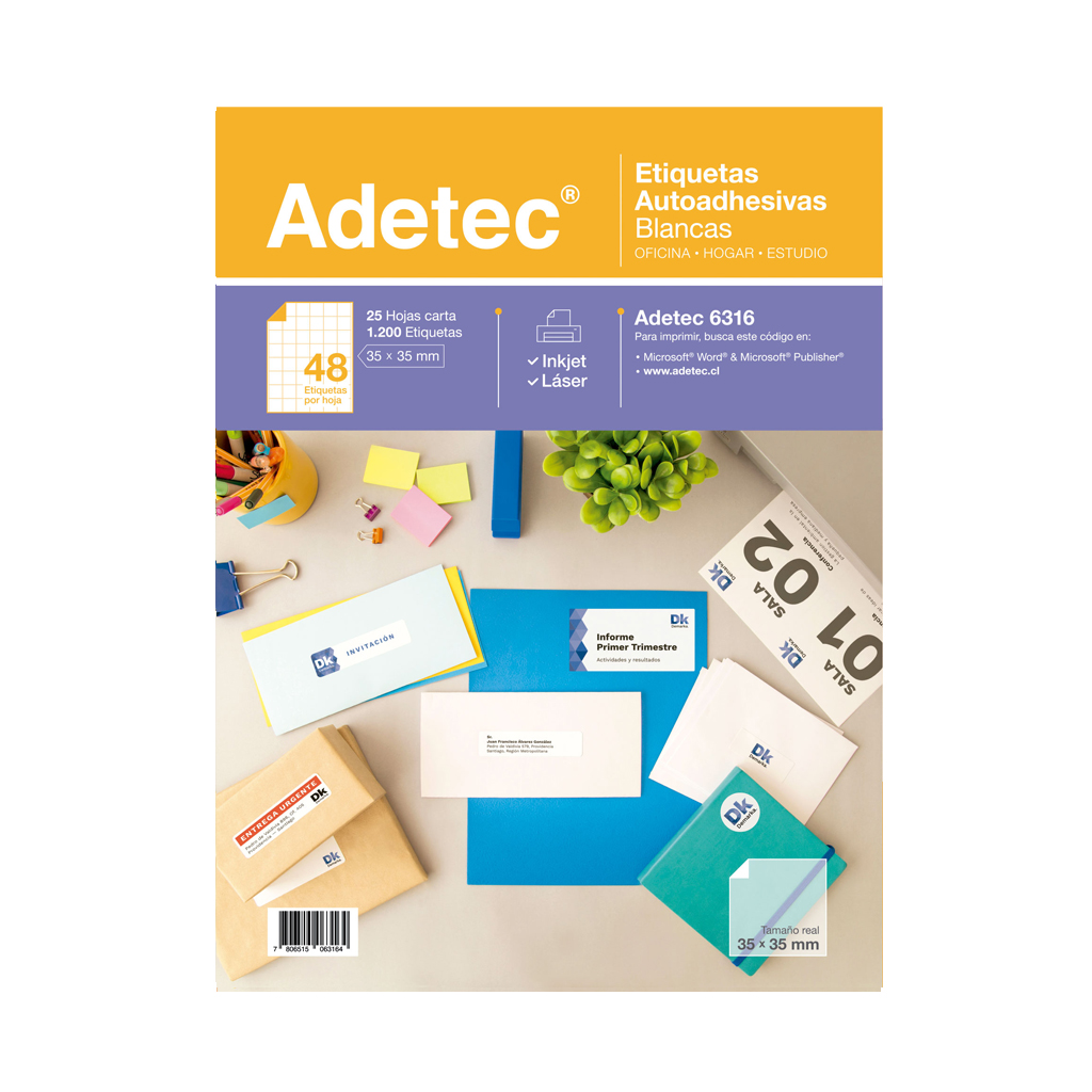 ETIQUETA LASER INK-JET ADETEC  35 X 35 mm. 25 Hjs 1