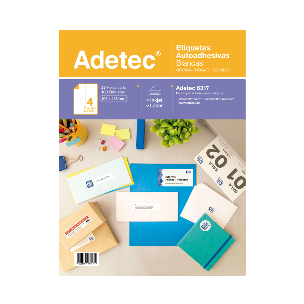 ETIQUETA LASER INK-JET ADETEC 106 x 138 mm 25 Hjs 1