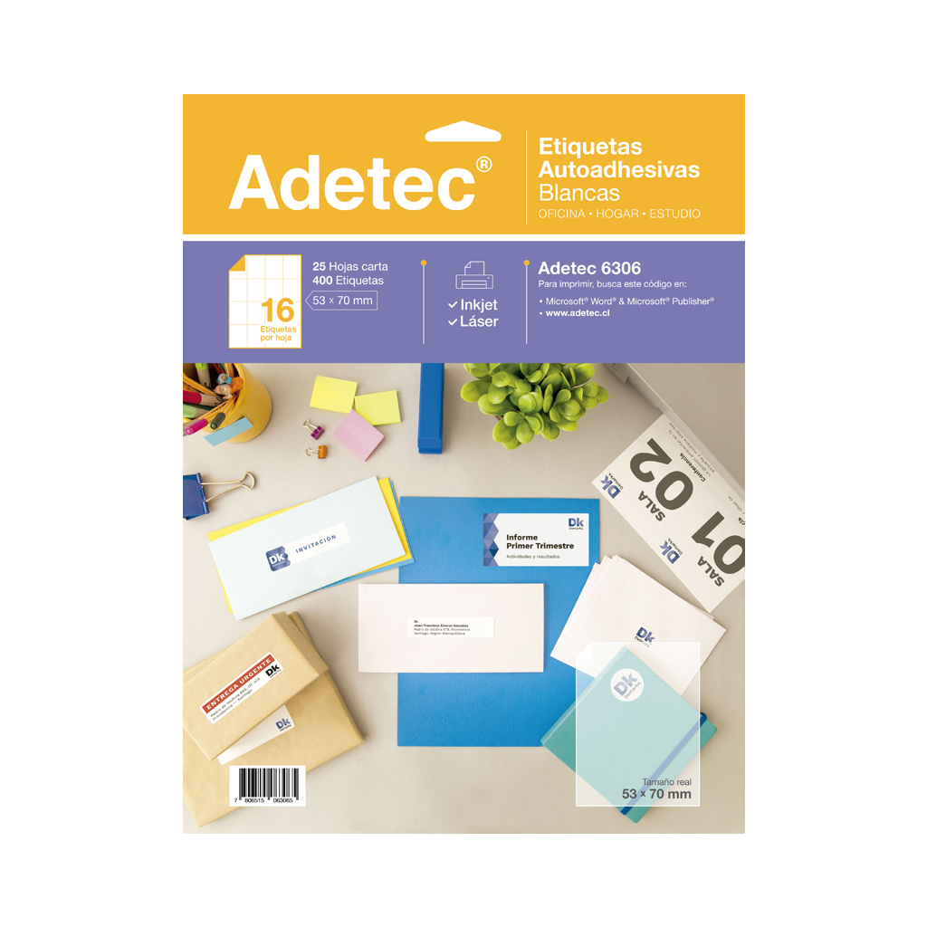 ETIQUETA LASER INK-JET ADETEC 53 x 70 mm 25 Hjs 1