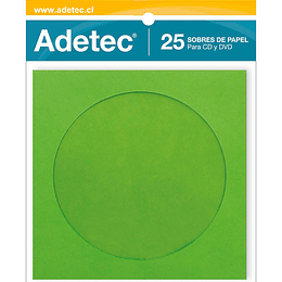 SOBRE PAPEL PARA CD/DVD ADETEC 25 UNID.COLORES SURTIDOS