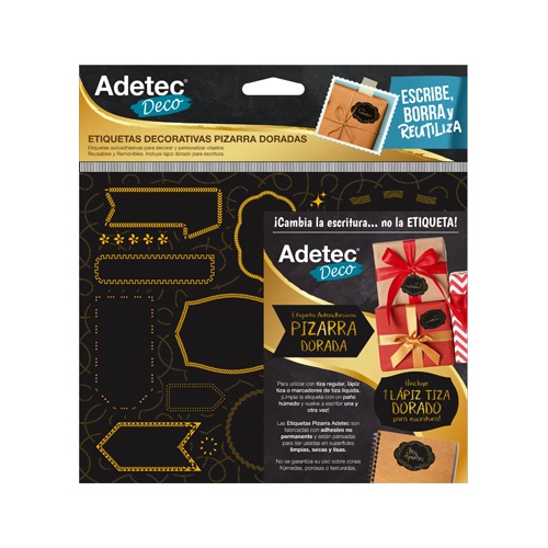 ETIQUETA DECORATIVA ADETEC PIZARRA DISEÑO DORADO + LAPIZ 1