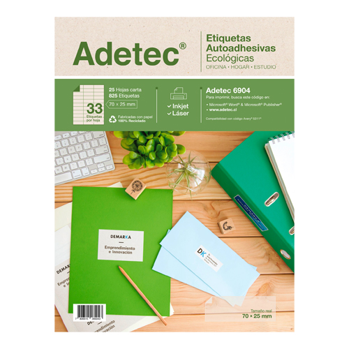 ETIQUETA ADETEC LASER INJET CARTA ECOLÓGICA 70 X 25  10 Hjas. 1