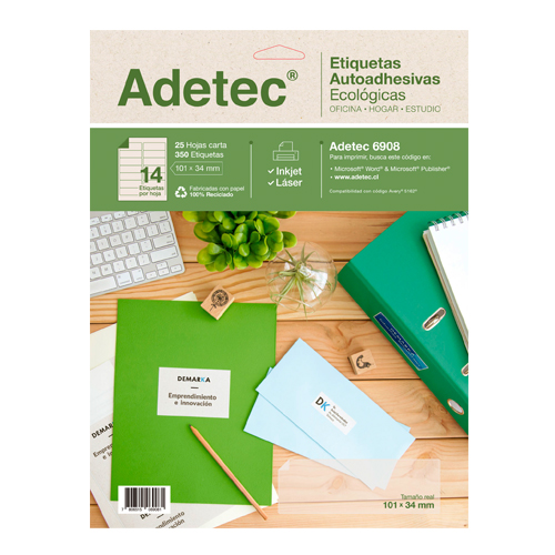 ETIQUETA ADETEC LASER INJET CARTA ECOLÓGICA 101 X 34 25 Hjas. ( DESC. ) 1