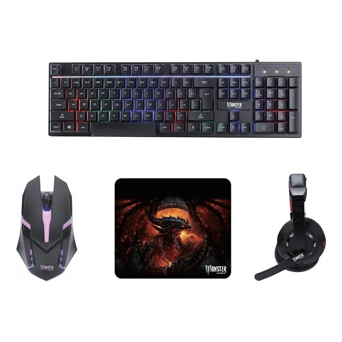 KIT 4 EN 1 MONSTER TECLADO/MOUSE/AUDIFONO/PAD MOUSE K4125