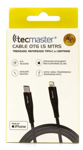 CABLE TECMASTER USB C A LIGHTNING 1.5 MT REFORZADO NEGRO ( DESC. ) 1