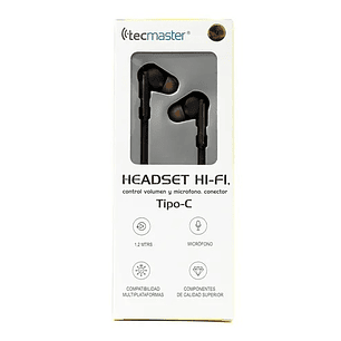 AUDIFONOS TECMASTER HI-FI TIPO C 1.2 MTS C/MIC NEGRO
