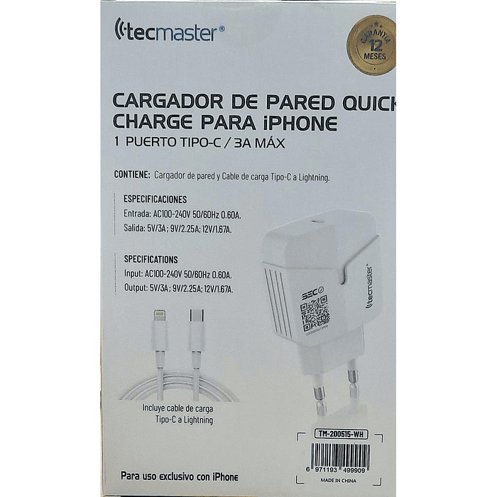 CARGADOR DE CELULAR TECMASTER CARGA RAPIDA LIGHTNING TM-200515-WH