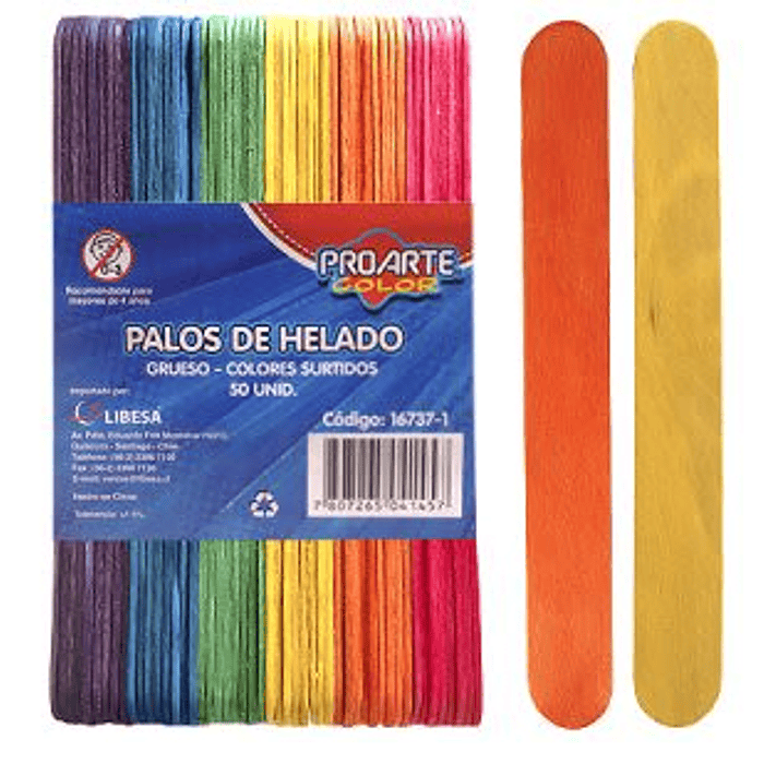 PALOS DE HELADO COLOR PROARTE GRUESO 50 UNID.