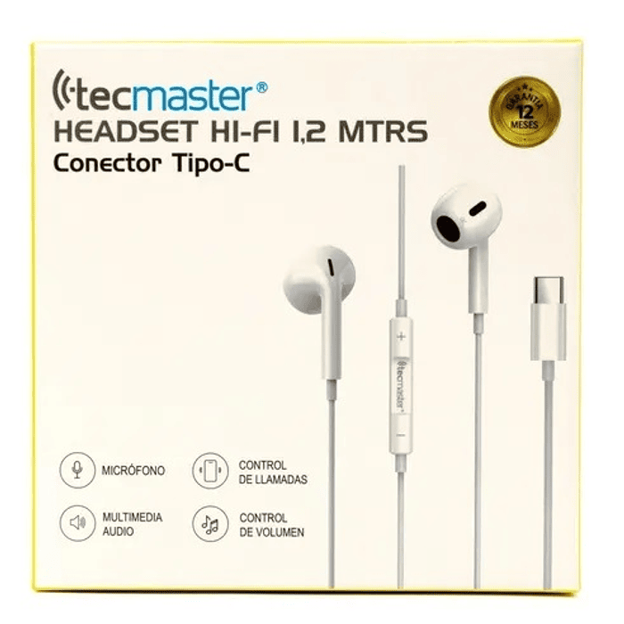 AUDIFONOS TECMASTER HI-FI TIPO C 1.2 MTS C/MIC BLANCOS