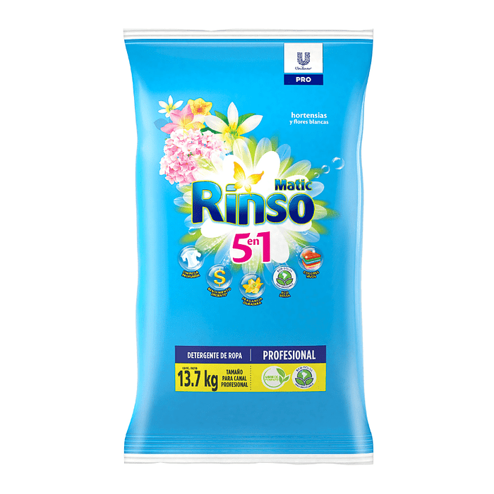 DETERGENTE RINSO MATIC HORTENSIAS Y FLORES BLANCAS 13,7 KRGS