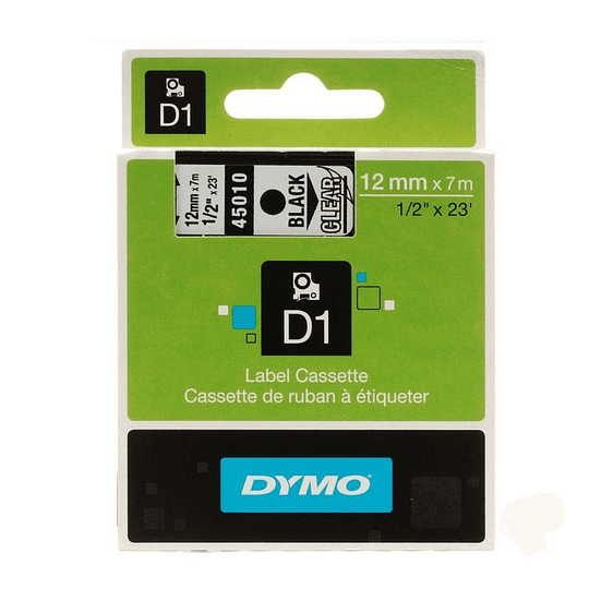 CINTA DYMO D1 TIPO CASSETTE 12 x 7 mm BLACK CLEAR ( 45010 )